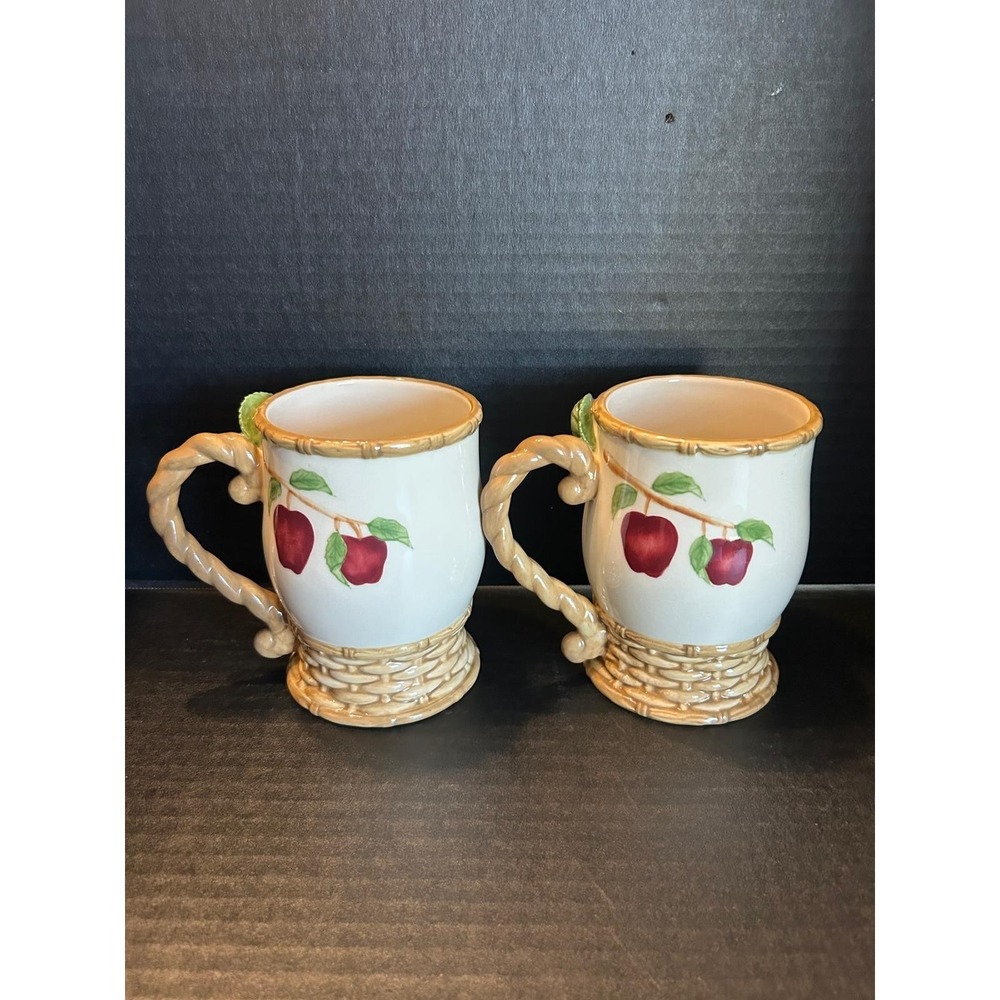 Cracker Barrel Apple Basket Cups Mugs, Red Apple Brown Wicker, Set Of 2